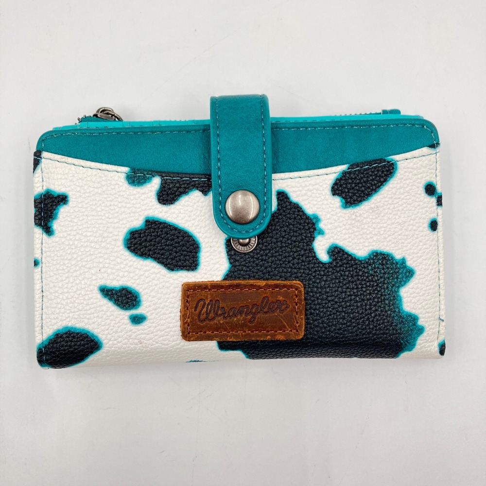 Wrangler Cow Print Bifold Wallet Turquoise Black White Western Snap Closure